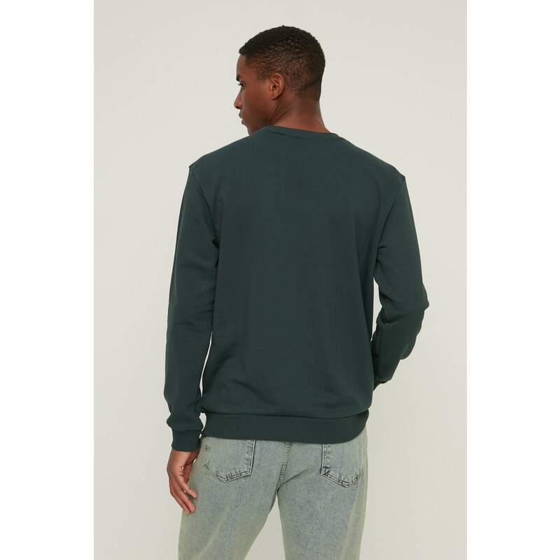 Trendyol Men's Emerald Green Regular/Real Fit Slogan Label Basic Cotton Sweatshirt