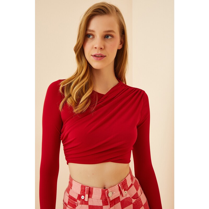 Happiness İstanbul Women's Vivid Red Pleated Crop Knitted Blouse