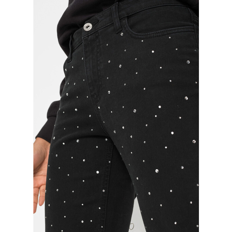 bonprix Strečové kalhoty s lesklými kamínky Černá