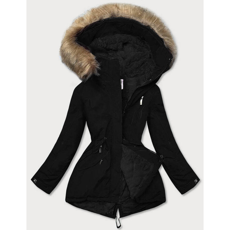 MHM Černo-hnědá lesklá zimní bunda s mechovitou kožešinou (W673)