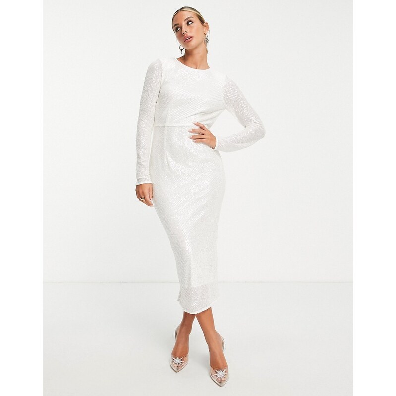 ASOS DESIGN embellished sequin pencil midi dress in white
