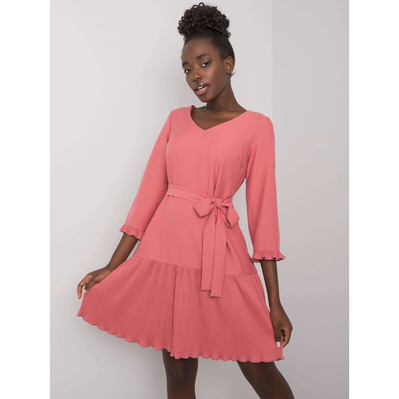 BASIC Korálové dámské šaty s plisovanou sukní -pink Růžová