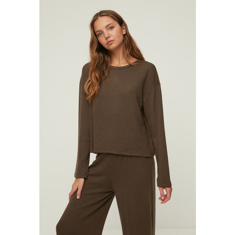 Trendyol Brown Corded Cotton Tshirt-Pants Knitted Pajama Set