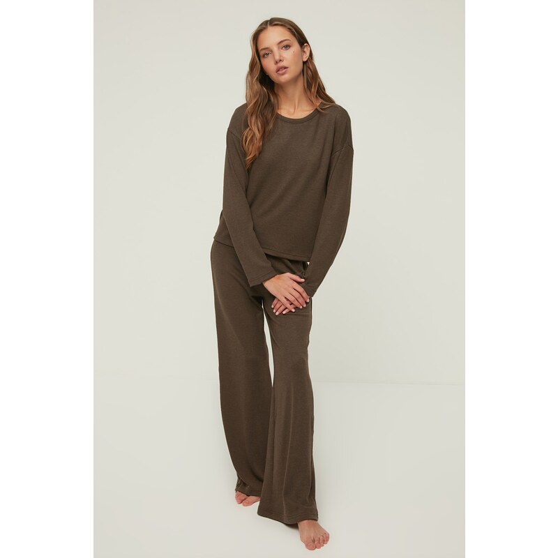 Trendyol Brown Corded Cotton Tshirt-Pants Knitted Pajama Set