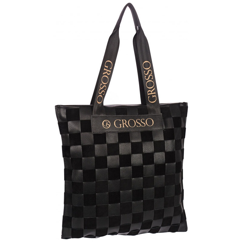Černá měkká shopper dámská kabelka s proplétaným šachovnicovým vzorem S688 GROSSO