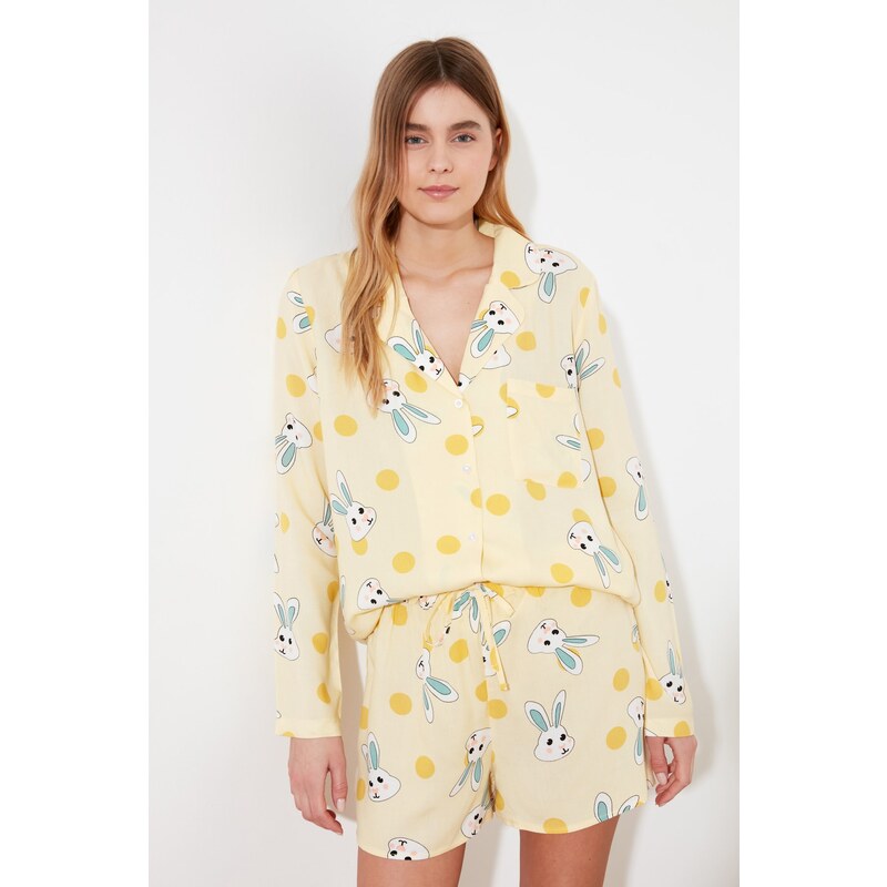 Trendyol Yellow Rabbit Pattern Viscose Shirt-Shorts Woven Pajamas Set