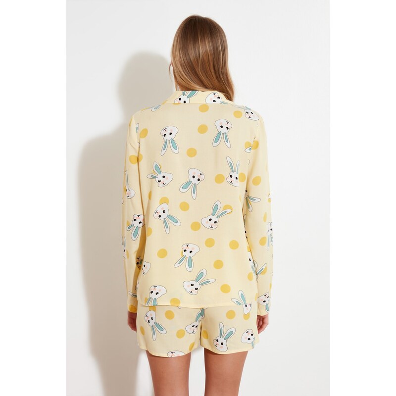 Trendyol Yellow Rabbit Pattern Viscose Shirt-Shorts Woven Pajamas Set