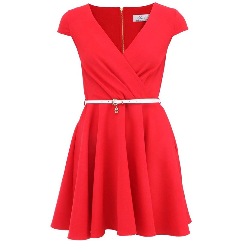 Červené šaty s bílým páskem a širokou sukní Closet