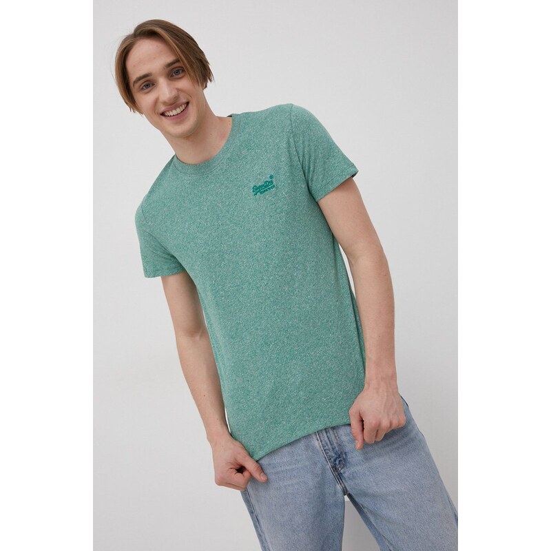 Bavlněné tričko Superdry zelená barva, melanžové