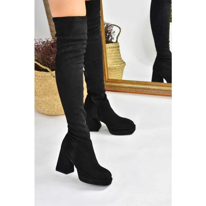 Fox Shoes Women's Black Suede Platform Heeled Boots