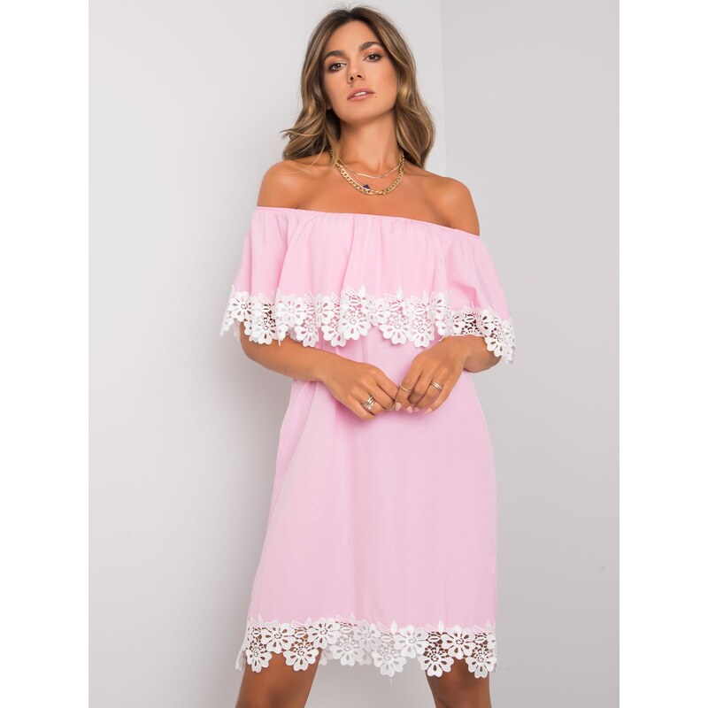 LAKERTA Ružové bavlnené letné voľné šaty s bielou čipkou