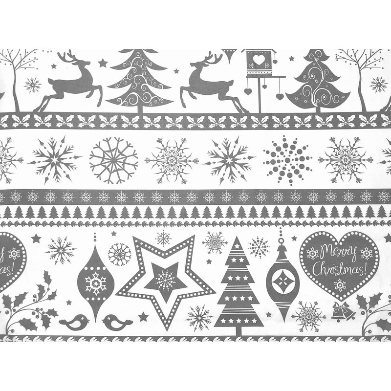 Mirtex Plátno DOMESTINO 120/ 21942-1 Vánoční ozdoby/vločky šedé na bílé - 160cm / METRÁŽ NA MÍRU