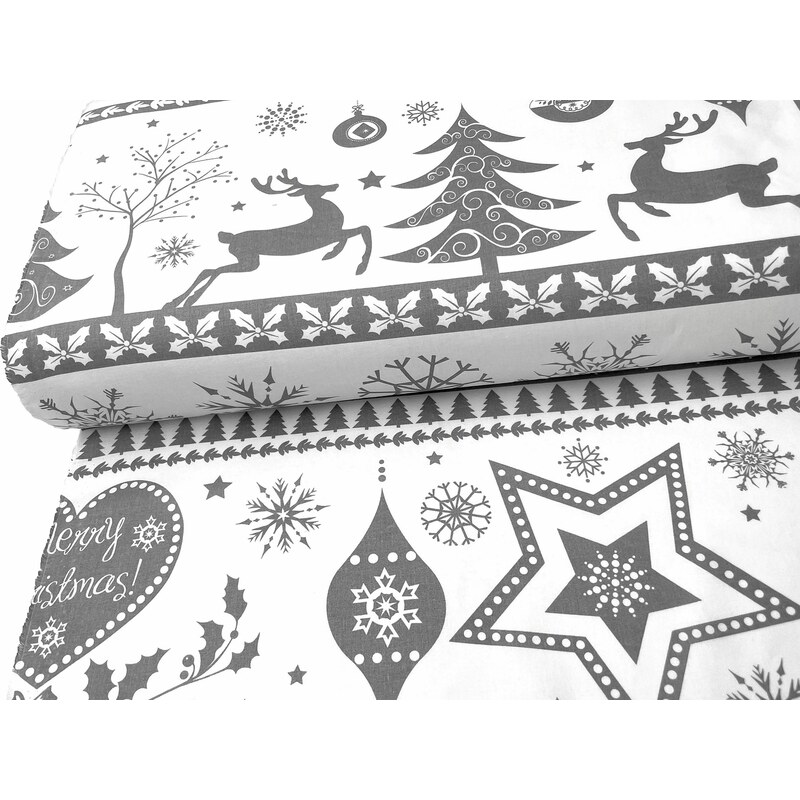 Mirtex Plátno DOMESTINO 120/ 21942-1 Vánoční ozdoby/vločky šedé na bílé - 160cm / METRÁŽ NA MÍRU