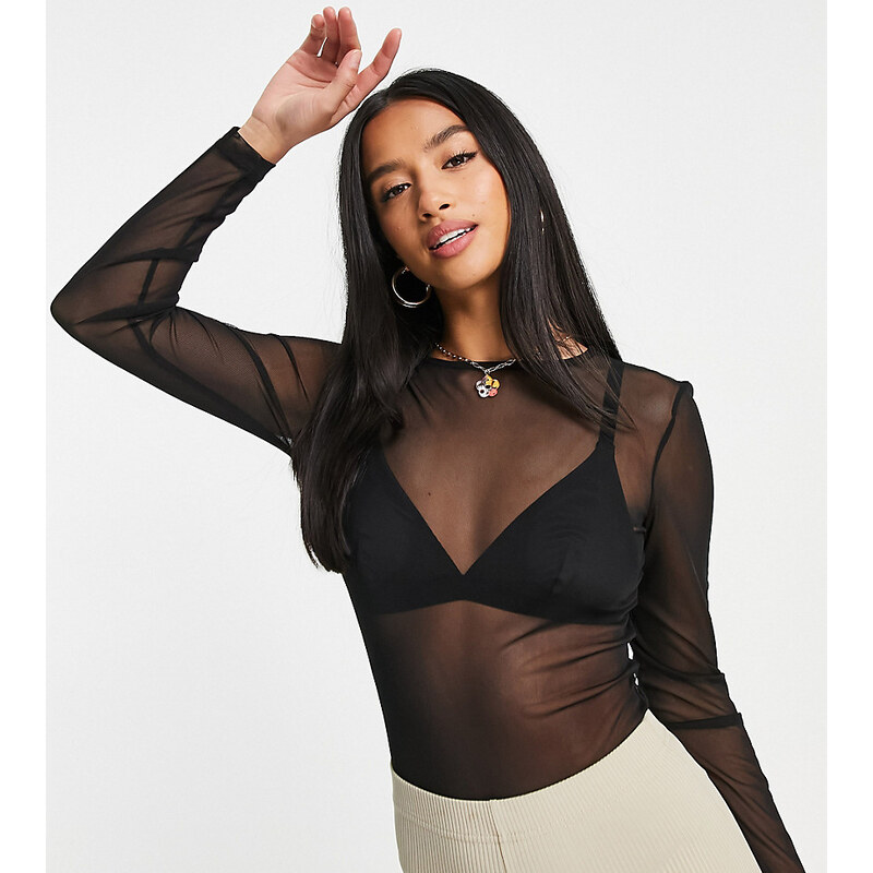 ASOS Petite ASOS DESIGN Petite mesh long sleeve bodysuit in black 100055380