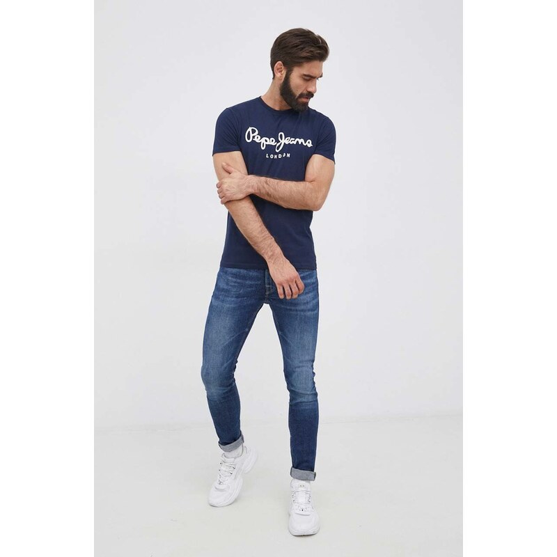 Tričko Pepe Jeans Original Stretch pánské, tmavomodrá barva, s potiskem