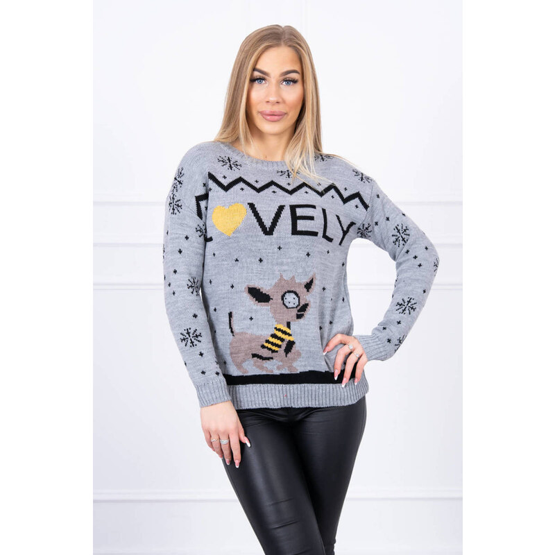 MladaModa Vánoční svetr se sobíkem a nápisem Lovely šedý 65838904