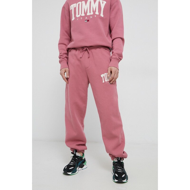 Kalhoty Tommy Jeans pánské, růžová barva, s aplikací