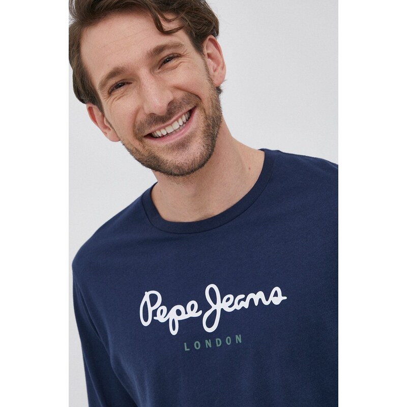 Bavlněné tričko s dlouhým rukávem Pepe Jeans tmavomodrá barva, s potiskem