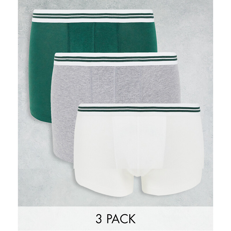 ASOS DESIGN 3 pack trunks with striped waistband in grey/white/green 114725511
