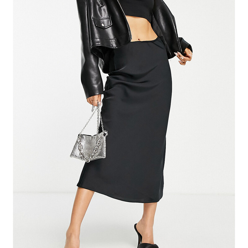 ASOS DESIGN Petite satin bias midi skirt in black