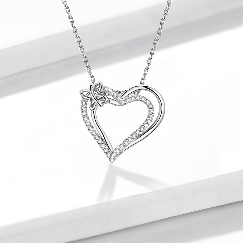 Emporial stříbrný náhrdelník Dvojité čiré srdce BSN240