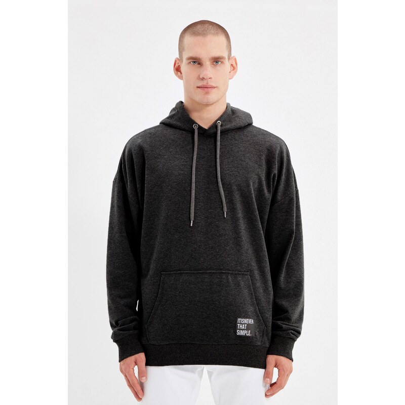 Trendyol Men's Basic Smoky Oversize/Wide-Fit Hooded Labeled Fleece Inner Cotton Sweatshirt