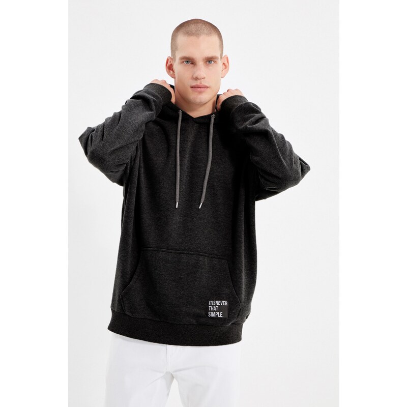 Trendyol Men's Basic Smoky Oversize/Wide-Fit Hooded Labeled Fleece Inner Cotton Sweatshirt