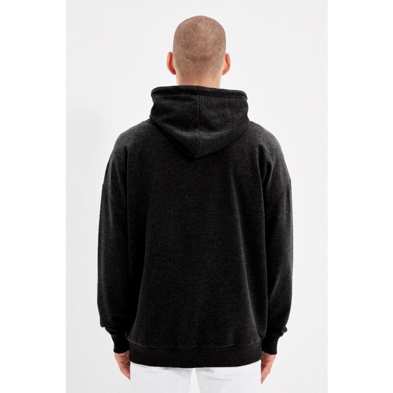 Trendyol Men's Basic Smoky Oversize/Wide-Fit Hooded Labeled Fleece Inner Cotton Sweatshirt