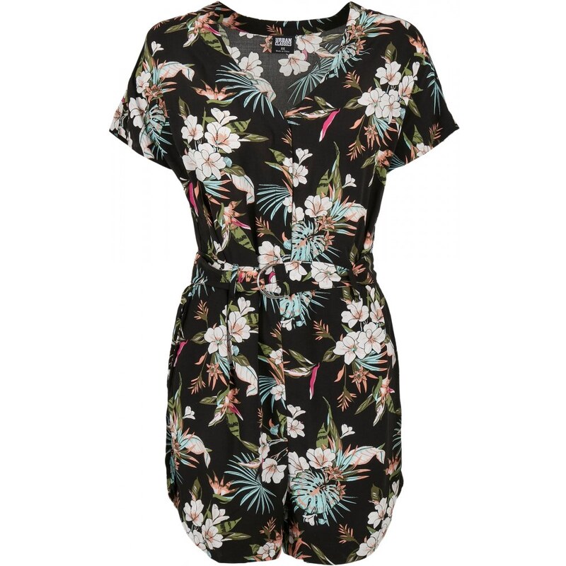 URBAN CLASSICS Ladies Short Viscose Belt Jumpsuit - black tropical