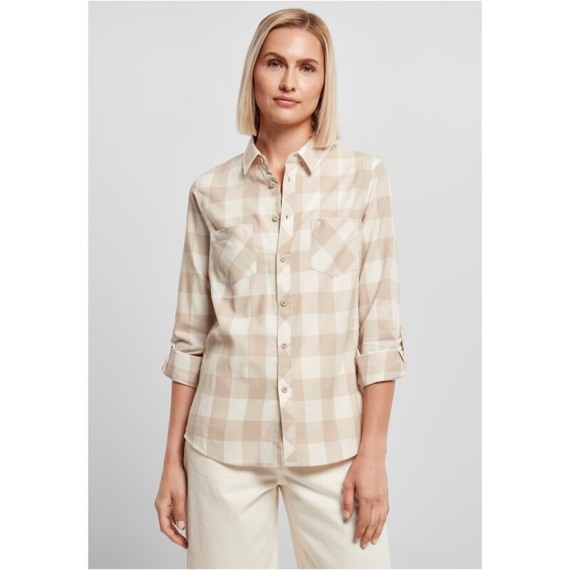 URBAN CLASSICS Ladies Turnup Checked Flanell Shirt - whitesand/lighttaupe