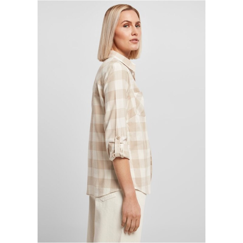 URBAN CLASSICS Ladies Turnup Checked Flanell Shirt - whitesand/lighttaupe