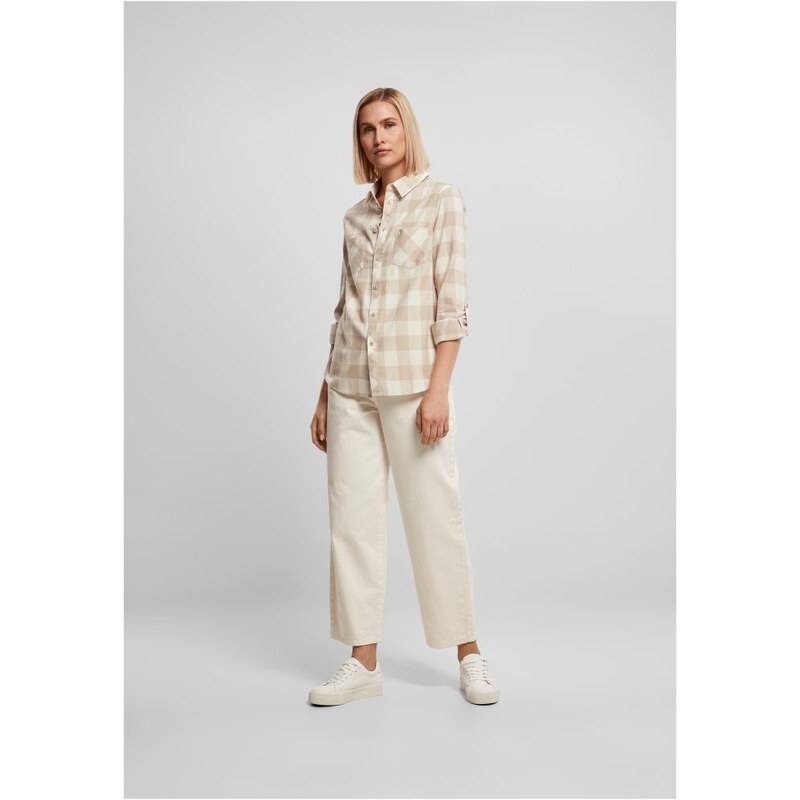 URBAN CLASSICS Ladies Turnup Checked Flanell Shirt - whitesand/lighttaupe