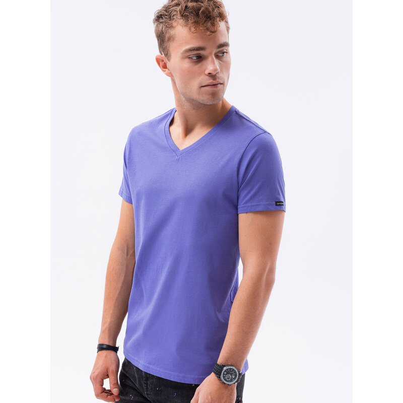 Ombre Clothing Pánské klasické tričko BASIC se serpézovým výstřihem - fialové V12 S1369