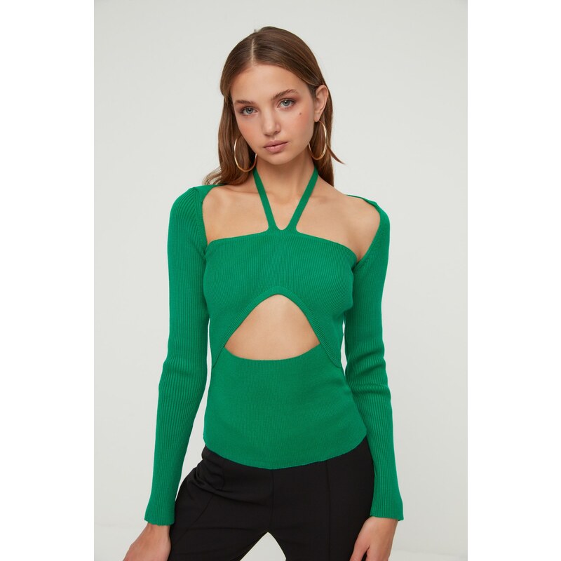 Trendyol X Sagaza Studio Green Tie Detailed Knitwear Blouse