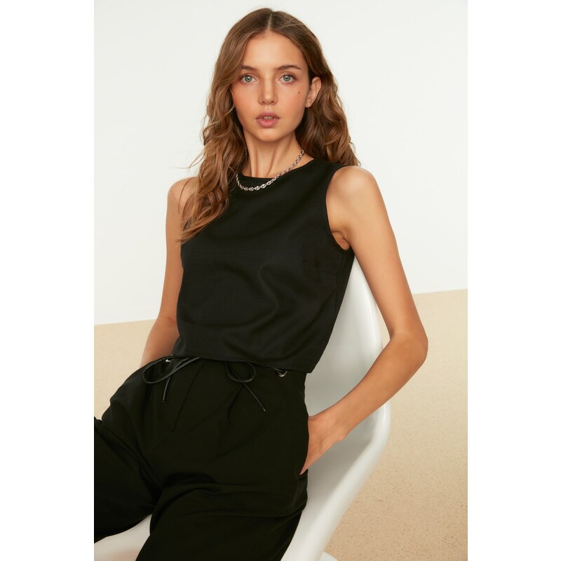 Trendyol Black Sleeveless Woven Linen Look Blouse