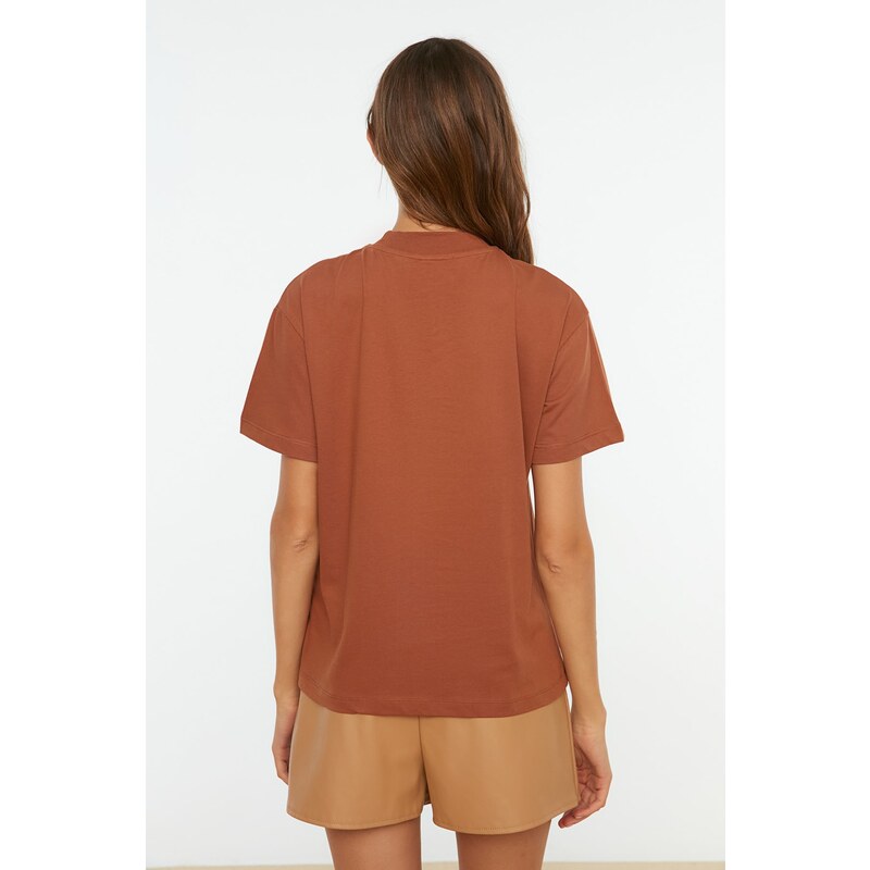 Trendyol Brown 100% Cotton Basic Stand Collar Knitted T-Shirt