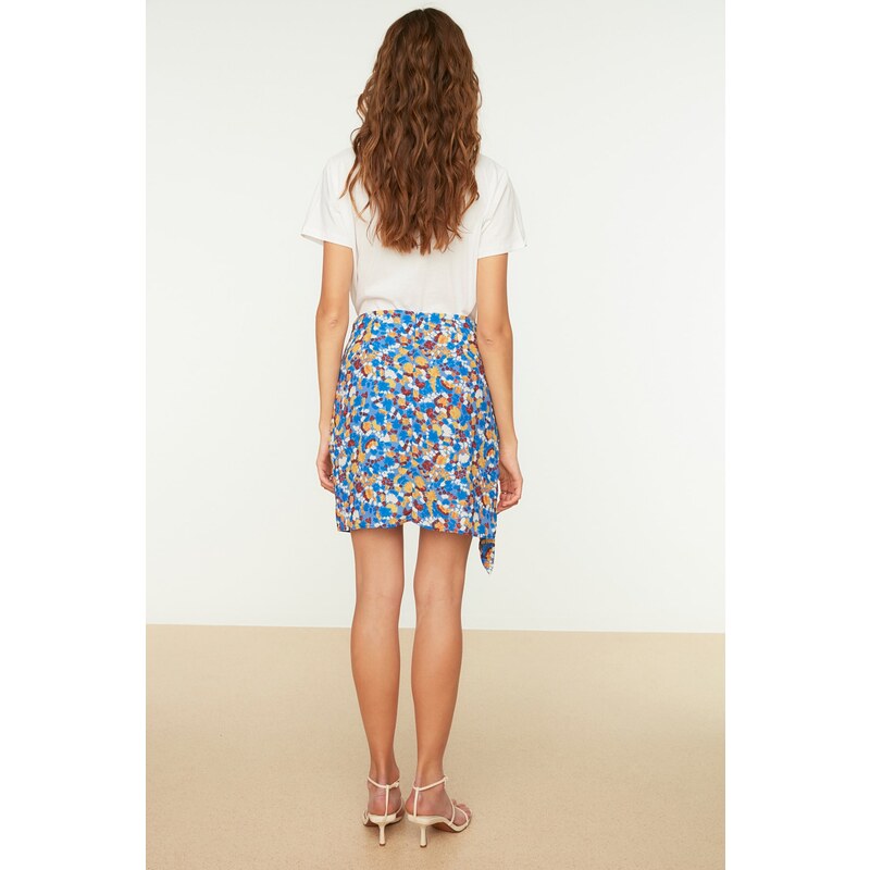 Trendyol Blue Mini Weave Tie Detailed Double Breasted Floral Print Skirt