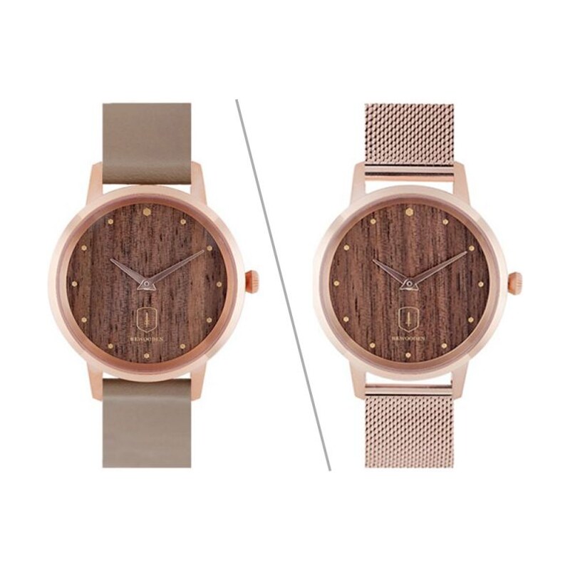 Take a shot Dřevěné hodinky Diamond Rose Watch s řemínkem z pravé kůže