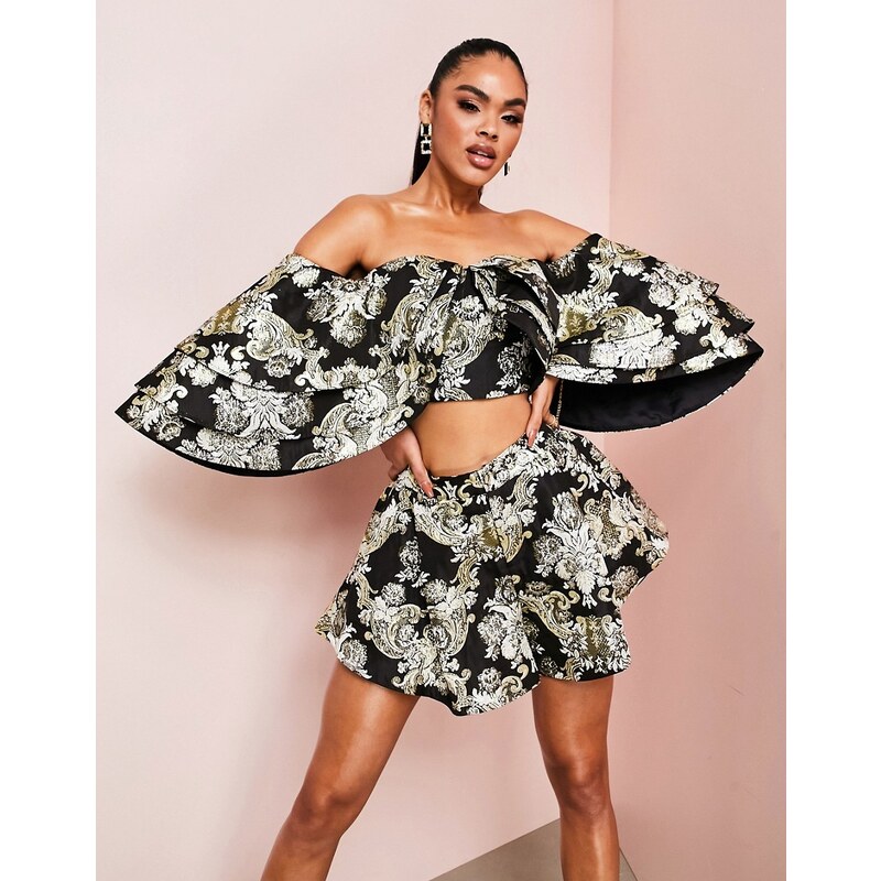 ASOS LUXE co-ord jacquard triple ruffle bardot top in black and gold 66405233