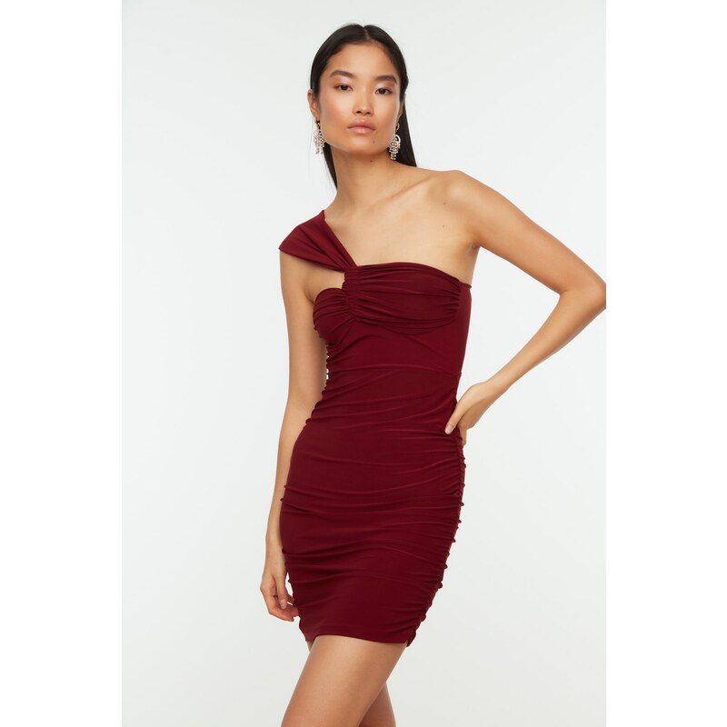 Trendyol Claret Red One-Shoulder Detailed Knitted Evening Dress