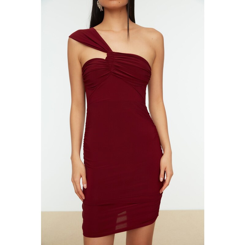 Trendyol Claret Red One-Shoulder Detailed Knitted Evening Dress