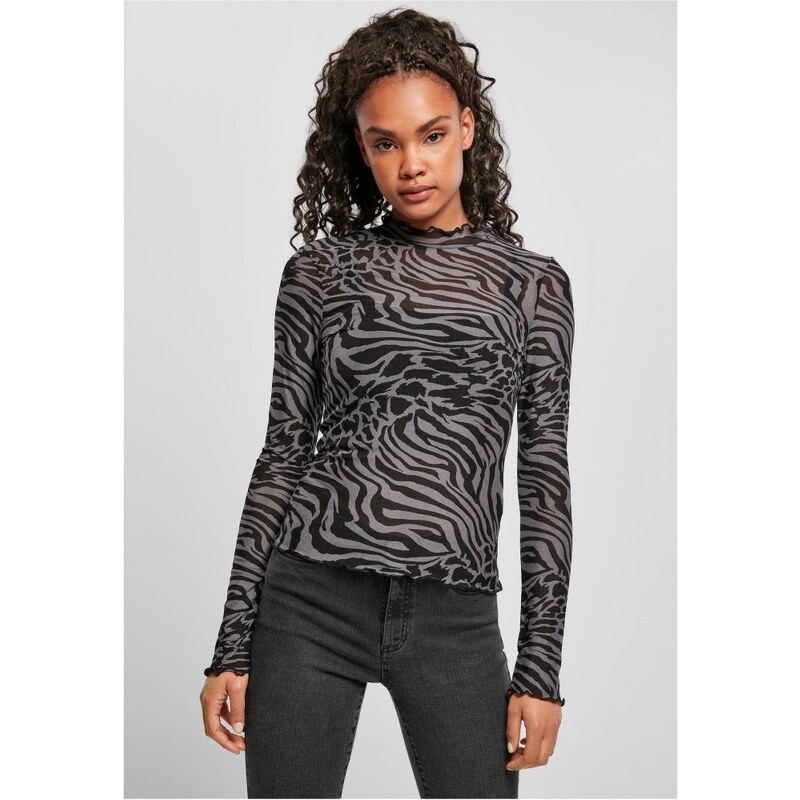 URBAN CLASSICS Ladies AOP Mesh Turtleneck Longsleeve - asphalt/black