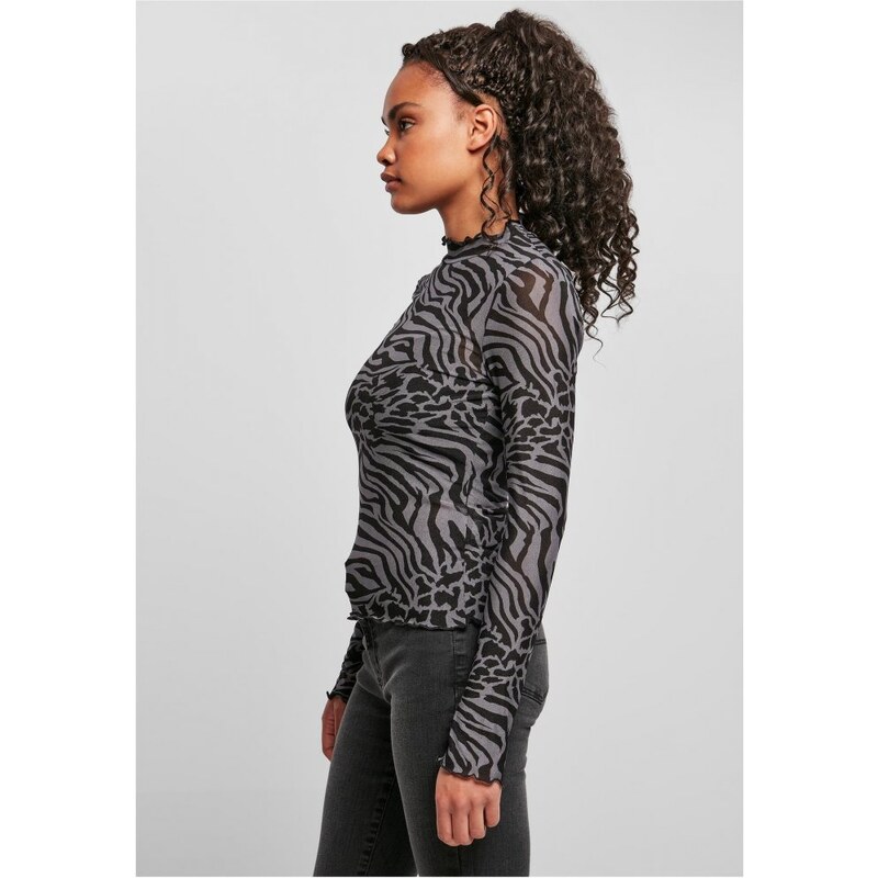 URBAN CLASSICS Ladies AOP Mesh Turtleneck Longsleeve - asphalt/black