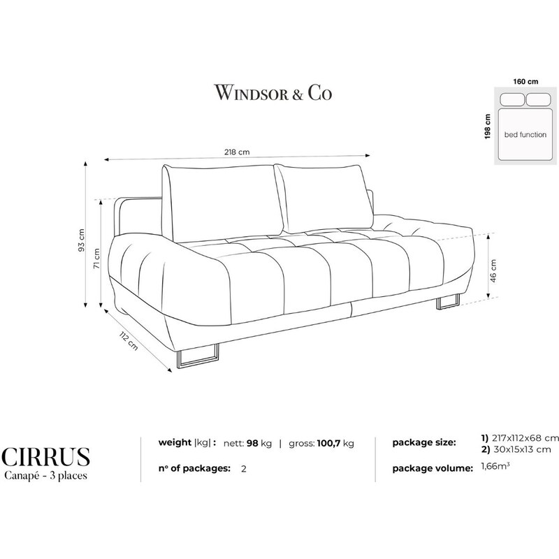 Modrá sametová třímístná rozkládací pohovka Windsor & Co Cirrus 215 cm