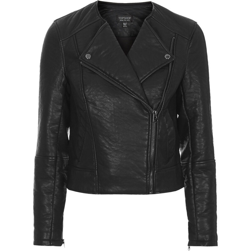 Topshop PETITE Faux Leather Collarless Biker Jacket