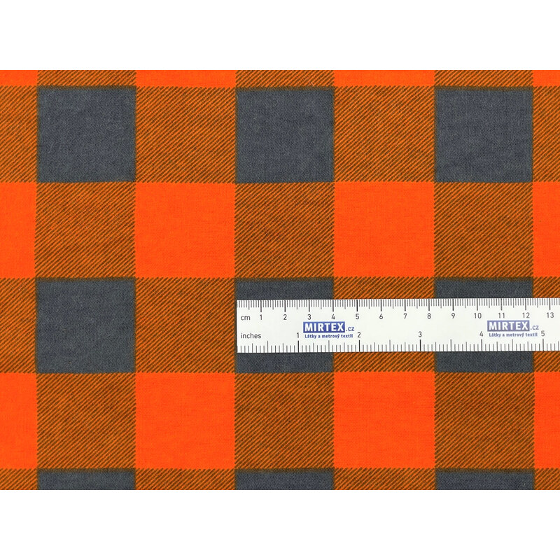 Mirtex Látka FLANEL 165 (K7 kostky velké oranžově-šedé) -150cm zbytková metráž