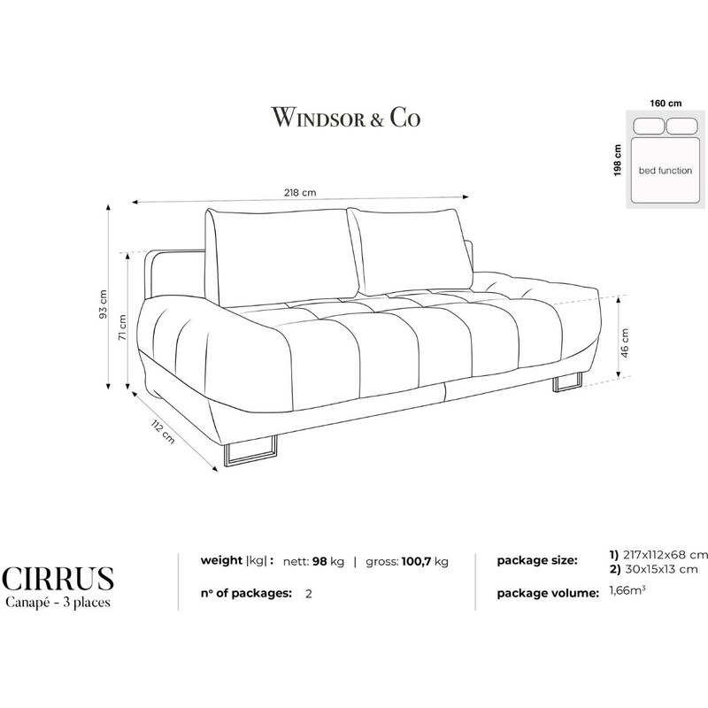 Tmavě šedá sametová třímístná rozkládací pohovka Windsor & Co Cirrus 215 cm