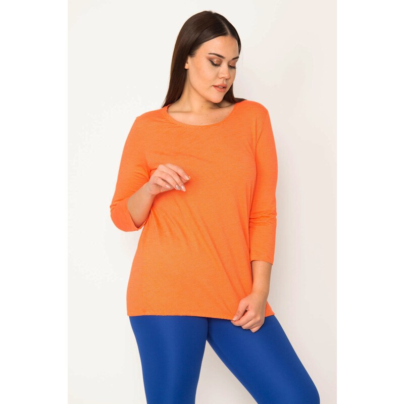 Şans Women's Plus Size Orange Pinstripe Blouse with Elastic Hem