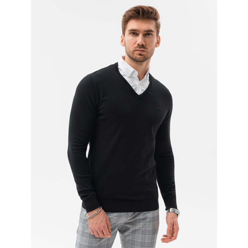 Ombre Clothing Pánský svetr s bílým límcem - černý V1 E120