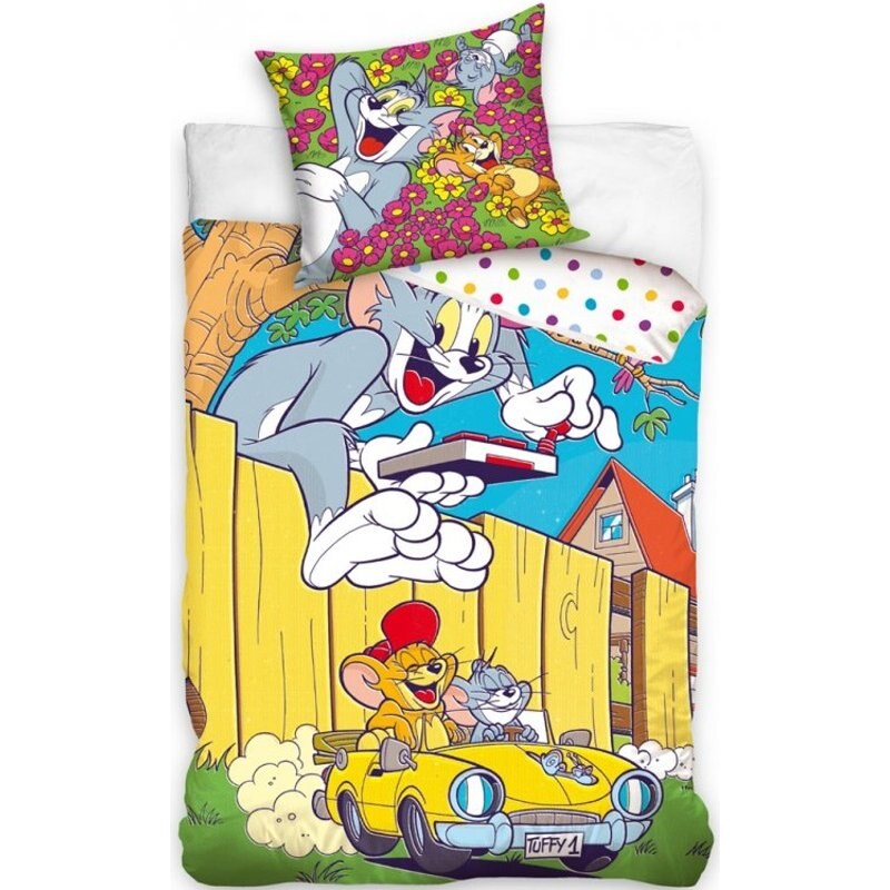 Carbotex Bavlněné ložní povlečení Tom a Jerry ve žlutém kabrioletu - 100% bavlna Renforcé - 70 x 90 cm + 140 x 200 cm